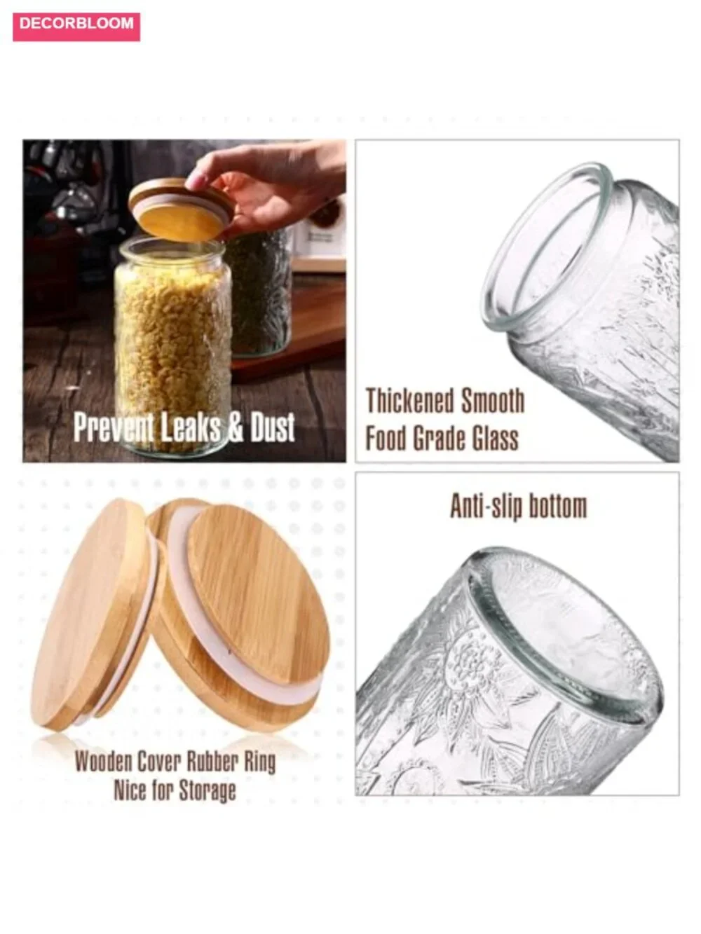 6 Vintage Glass Jars with Bamboo Lids - Airtight Food Storage - 34 oz
